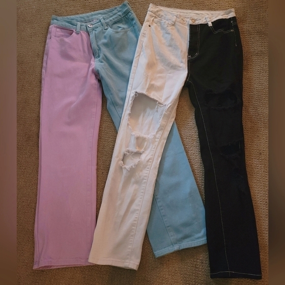 Bundle Set of Two Shein Two Tone Jeans Heart Pocket & Distressing Wide Leg/ Boot - Picture 1 of 14